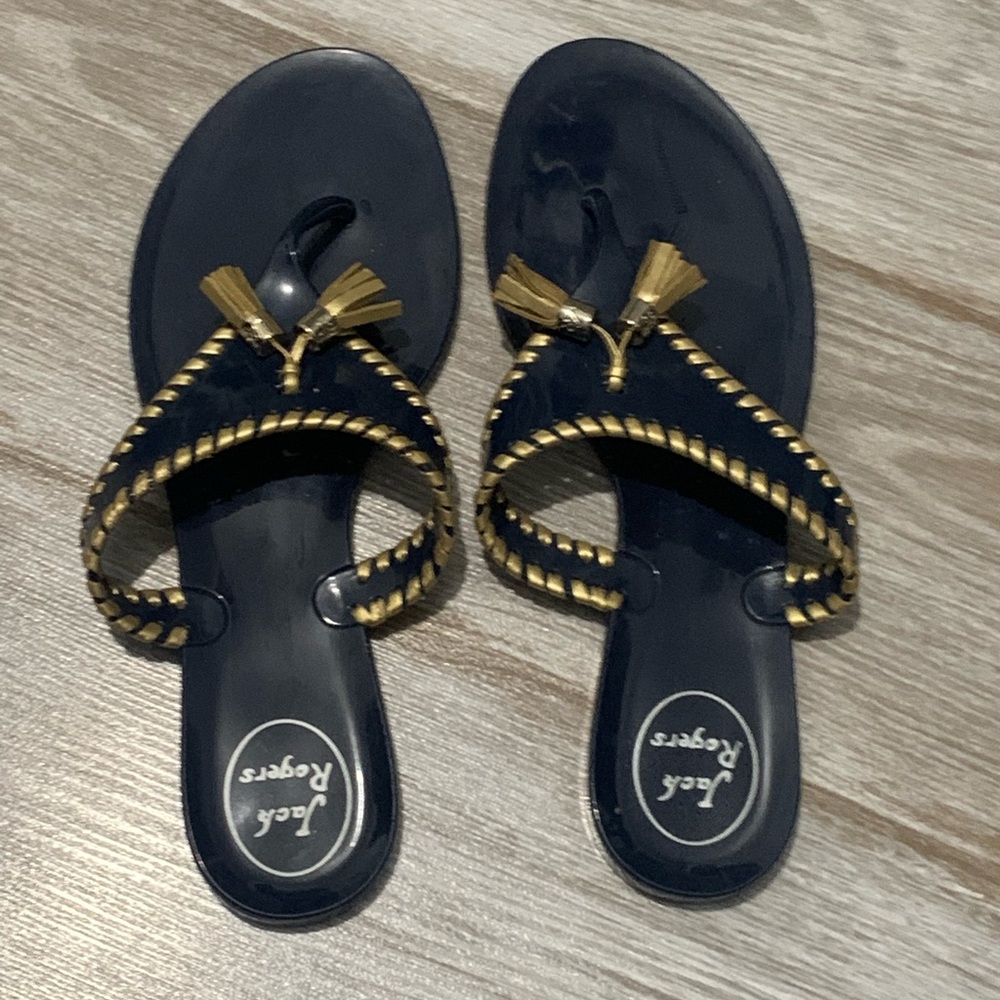 Jack Rogers navy blue jelly sandals with gold detail